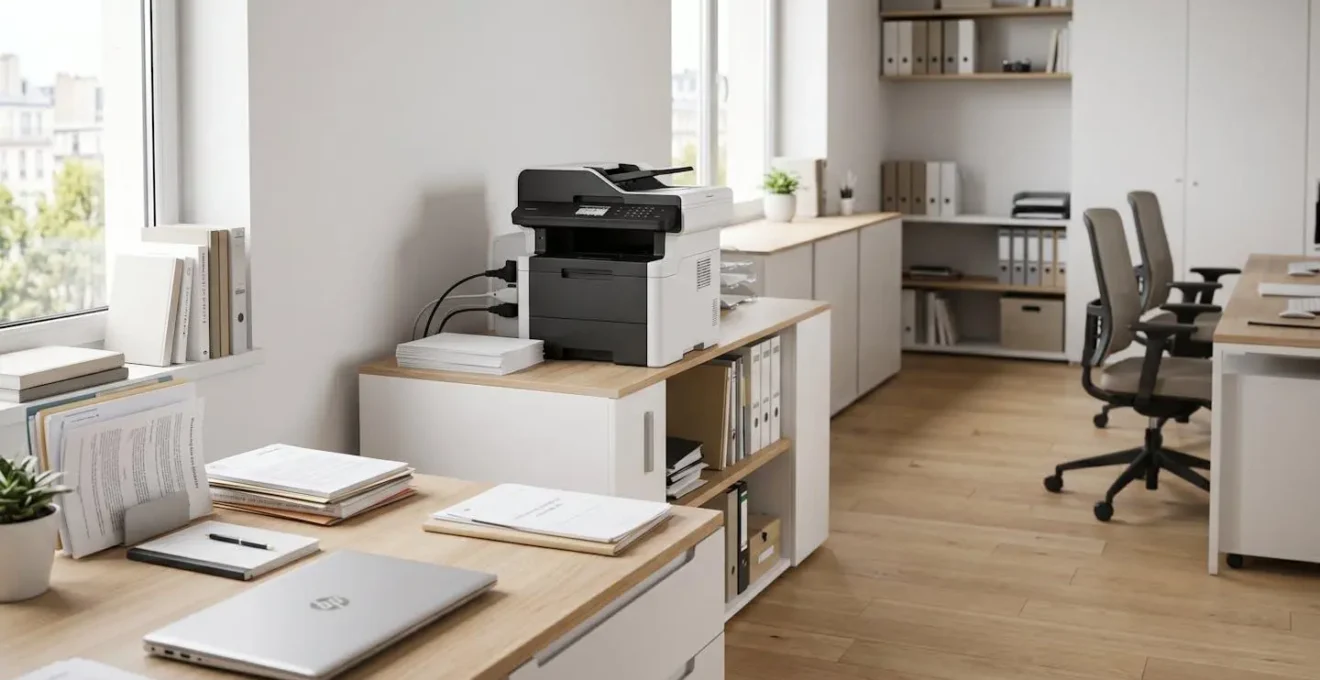 Bureau professionnel moderne avec imprimante laser multifonction en arrière-plan, documents organisés sur plan de travail contemporain en bois clair, lumière naturelle latérale
