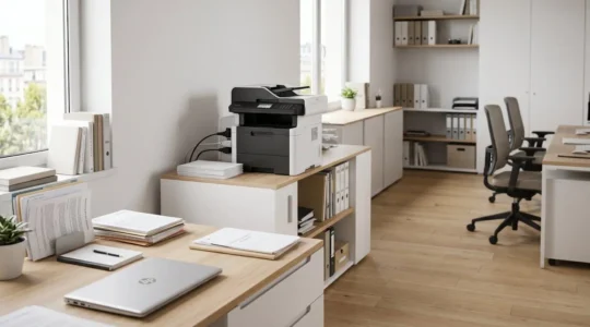 Bureau professionnel moderne avec imprimante laser multifonction en arrière-plan, documents organisés sur plan de travail contemporain en bois clair, lumière naturelle latérale