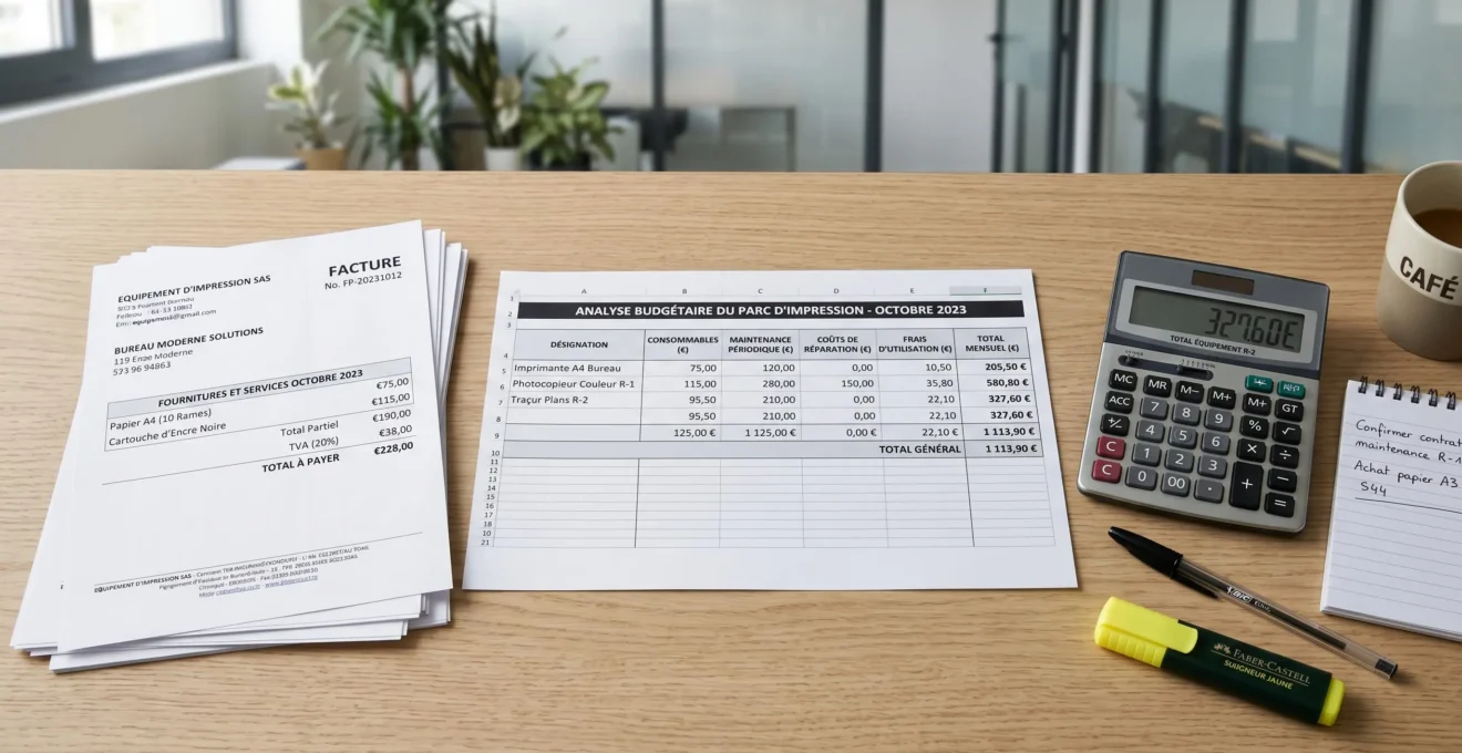 Documents budgétaires impression sur bureau professionnel : factures fournisseurs, tableau Excel d'analyse coûts avec colonnes chiffrées, calculatrice et stylo