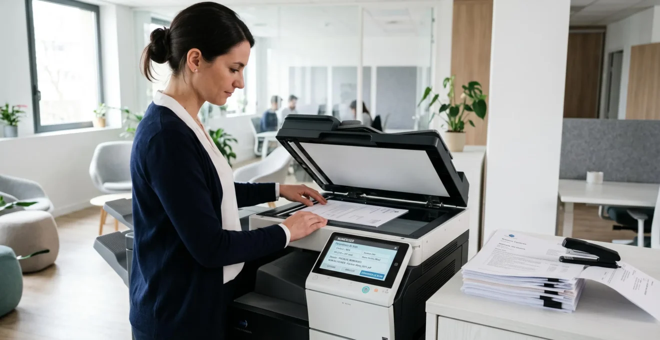 Employé numérisant documents professionnels sur scanner imprimante multifonction avec interface tactile, pile documents en attente