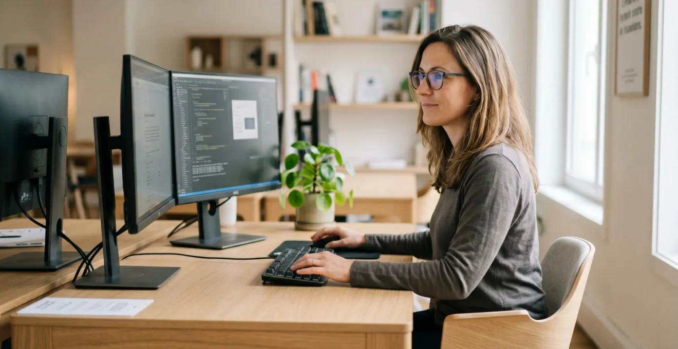 Femme portant des lunettes personnalisées travaillant confortablement devant deux écrans d'ordinateur dans un bureau lumineux moderne