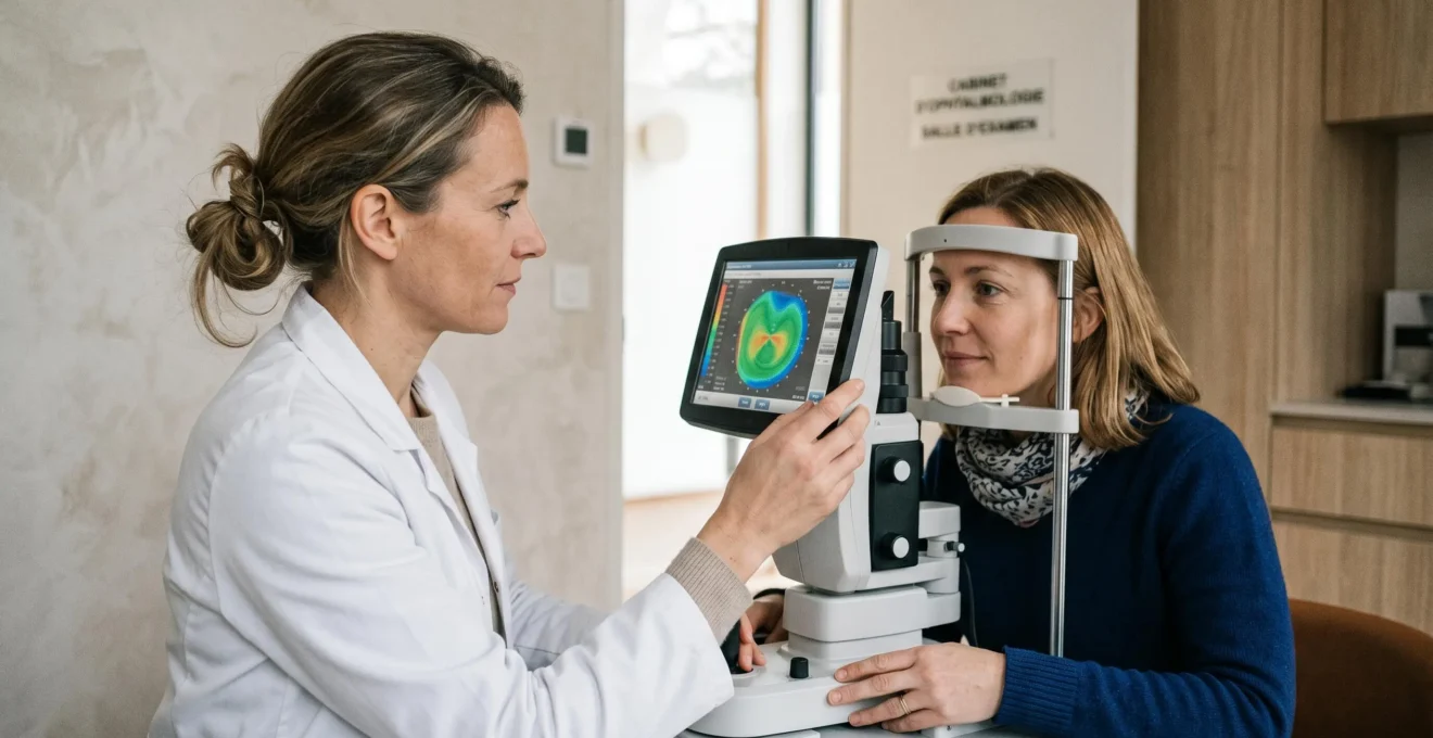 Optométriste procédant à une mesure biométrique oculaire sur une patiente assise à l'appareil de topographie cornéenne dans un cabinet moderne