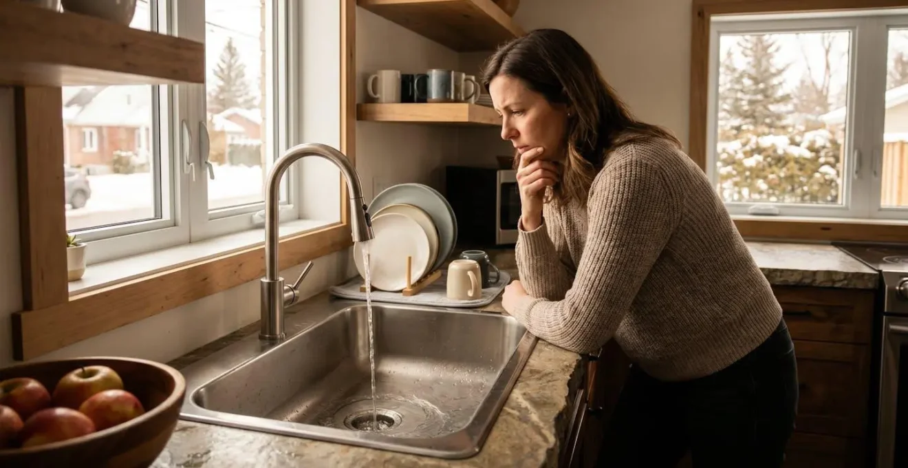 Propriétaire québécois regardant l'eau qui s'écoule lentement dans un évier de cuisine