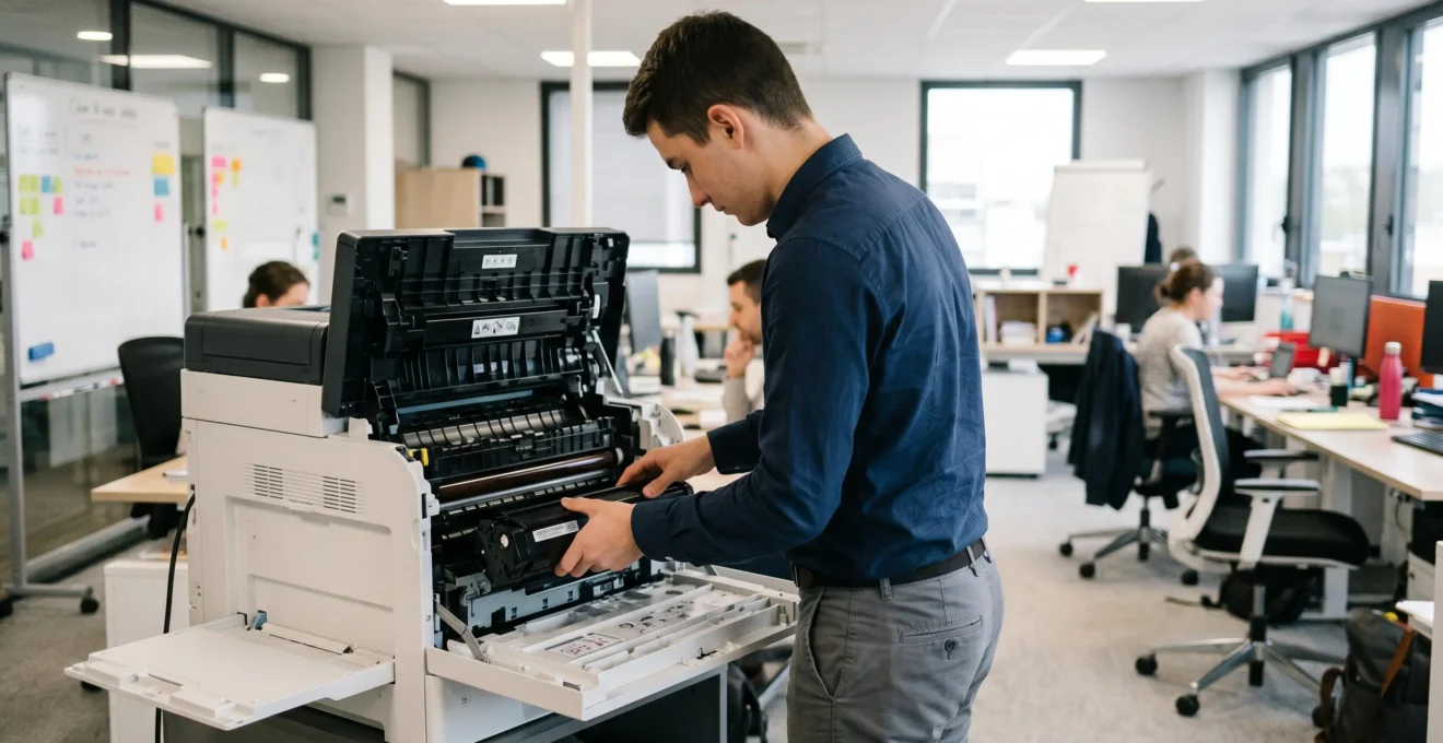 Technicien remplaçant cartouche toner sur imprimante laser professionnelle ouverte en environnement bureau PME