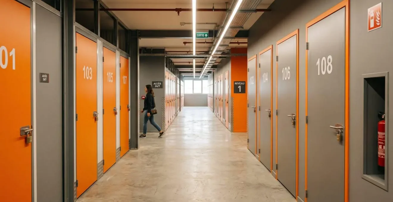 Allée moderne d'un centre de self-storage avec boxes de stockage individuels numérotés et éclairage LED