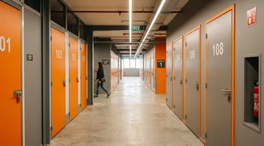 Allée moderne d'un centre de self-storage avec boxes de stockage individuels numérotés et éclairage LED