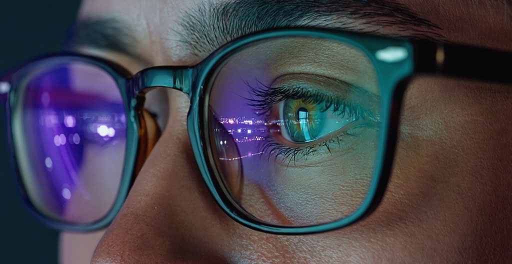 Femme portant des lunettes personnalisées travaillant confortablement devant deux écrans d'ordinateur dans un bureau lumineux moderne