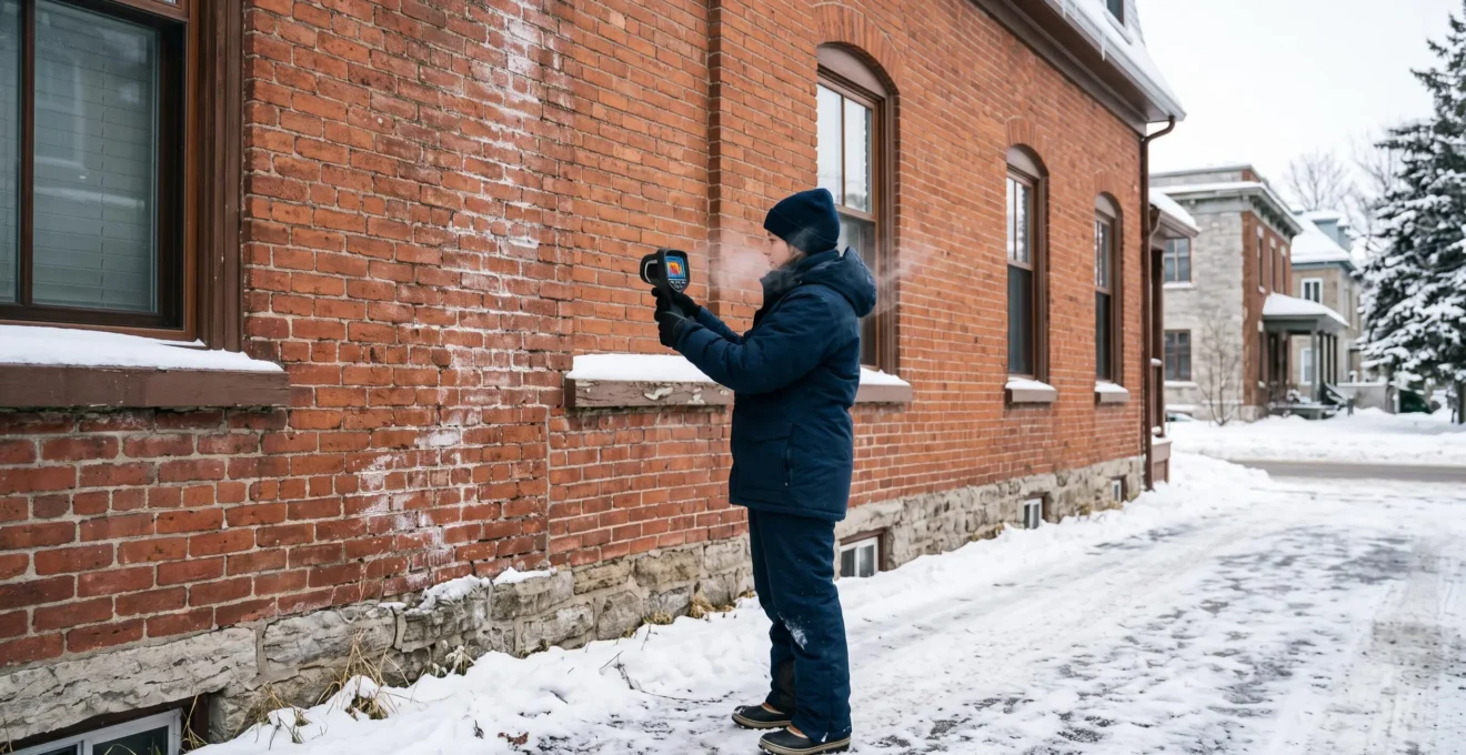 Auditeur énergétique utilisant une caméra thermique pour inspecter la façade extérieure d'un bâtiment ancien en brique pendant l'hiver