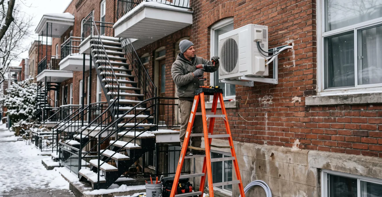 Technicien installant une thermopompe murale sur la façade en brique d'un triplex montréalais des années 1920 en hiver