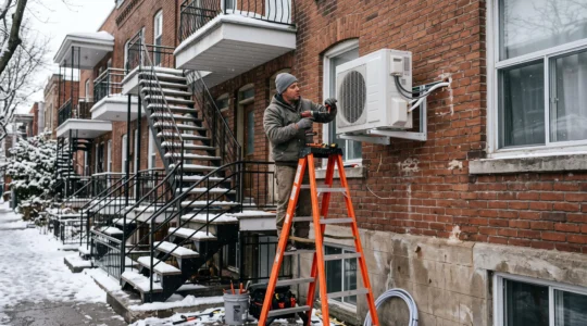 Technicien installant une thermopompe murale sur la façade en brique d'un triplex montréalais des années 1920 en hiver