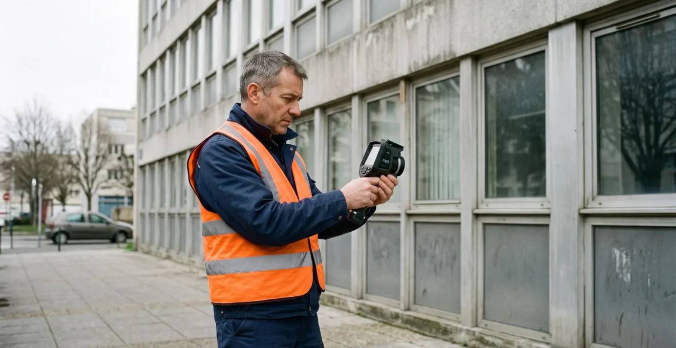Auditeur énergétique utilisant une caméra thermique pour inspecter la façade d'un bâtiment tertiaire