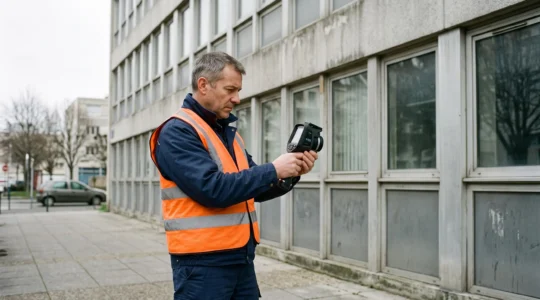 Auditeur énergétique utilisant une caméra thermique pour inspecter la façade d'un bâtiment tertiaire