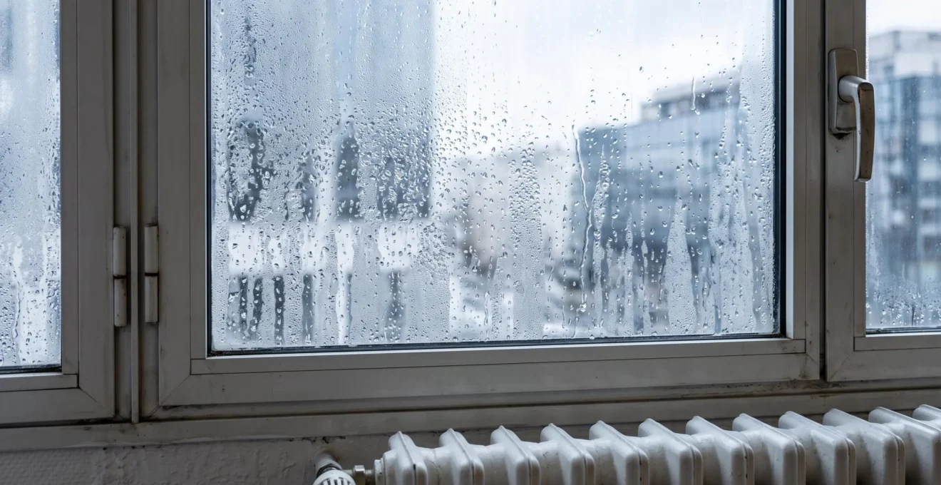 Condensation importante et gouttes d'eau sur une fenêtre de bureau avec radiateur en dessous