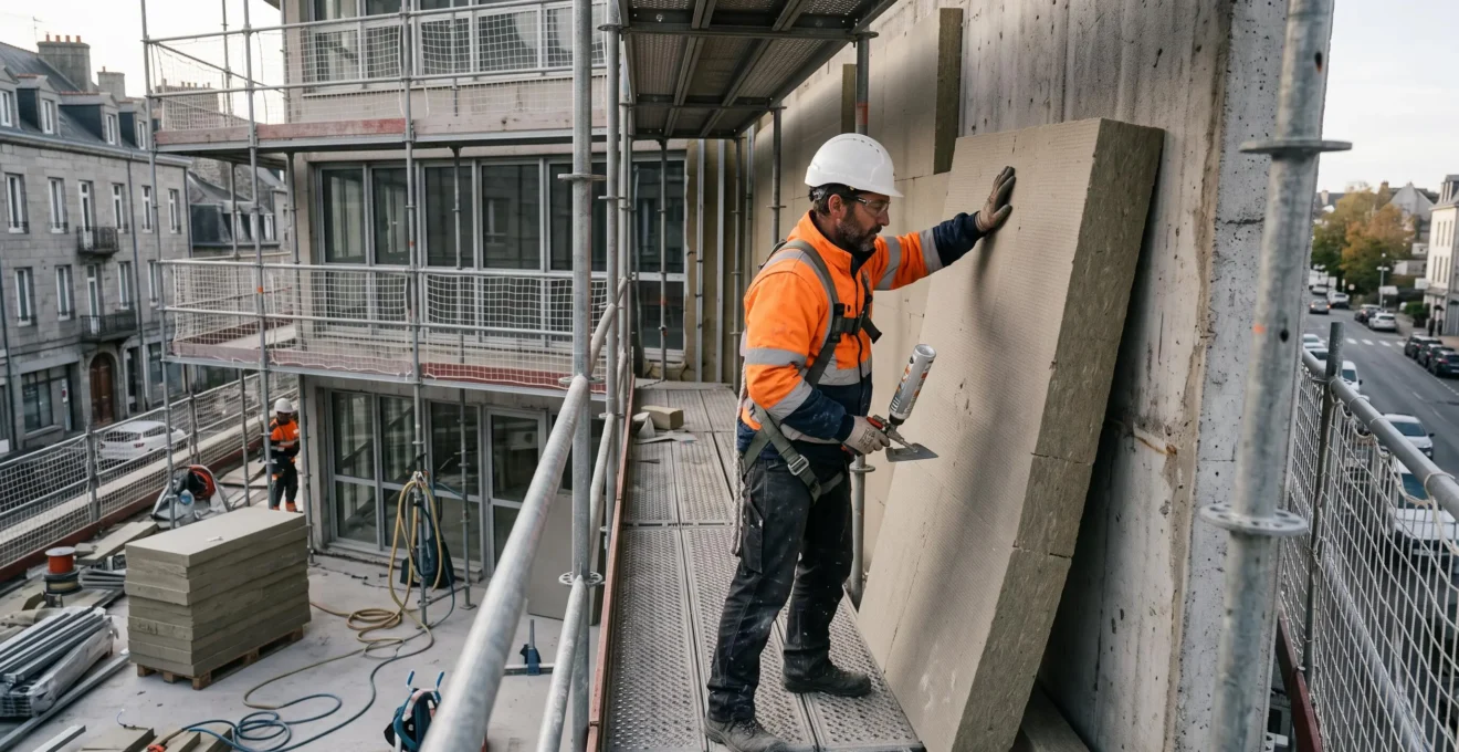 Ouvrier installant des panneaux d'isolation thermique sur la façade extérieure d'un bâtiment tertiaire en rénovation