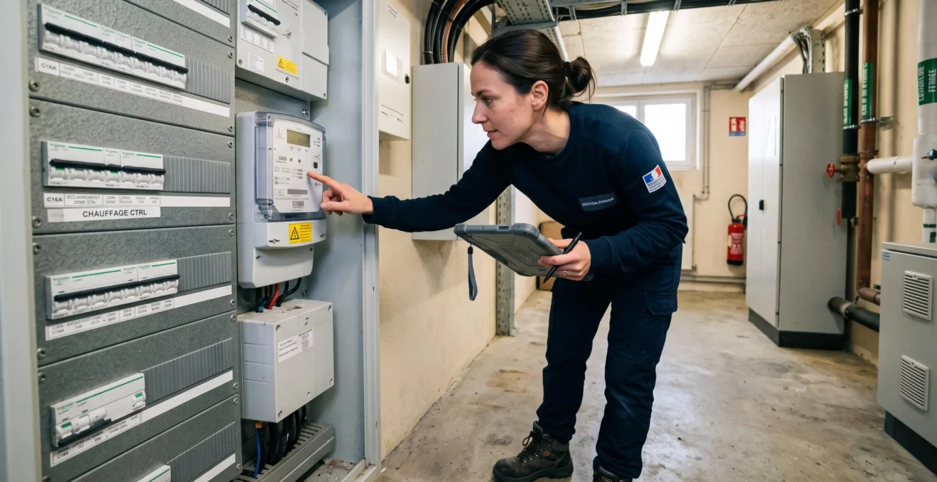 Technicien inspectant un compteur électrique et un tableau de distribution dans un local technique de bâtiment tertiaire