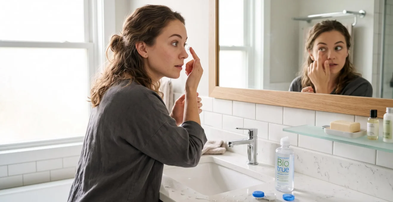 Une femme pose une lentille de contact devant le miroir de sa salle de bain.