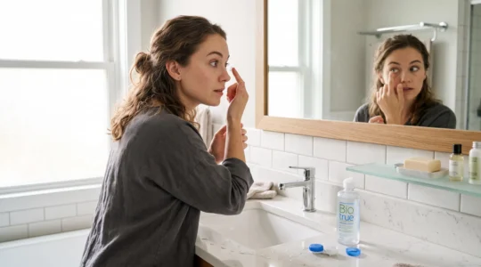 Une femme pose une lentille de contact devant le miroir de sa salle de bain.