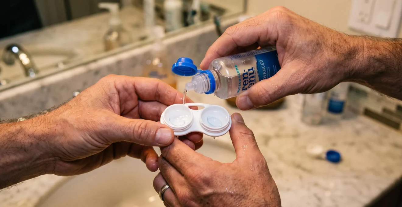 Des mains rincent un étui de lentilles avec du solution d'entretien.