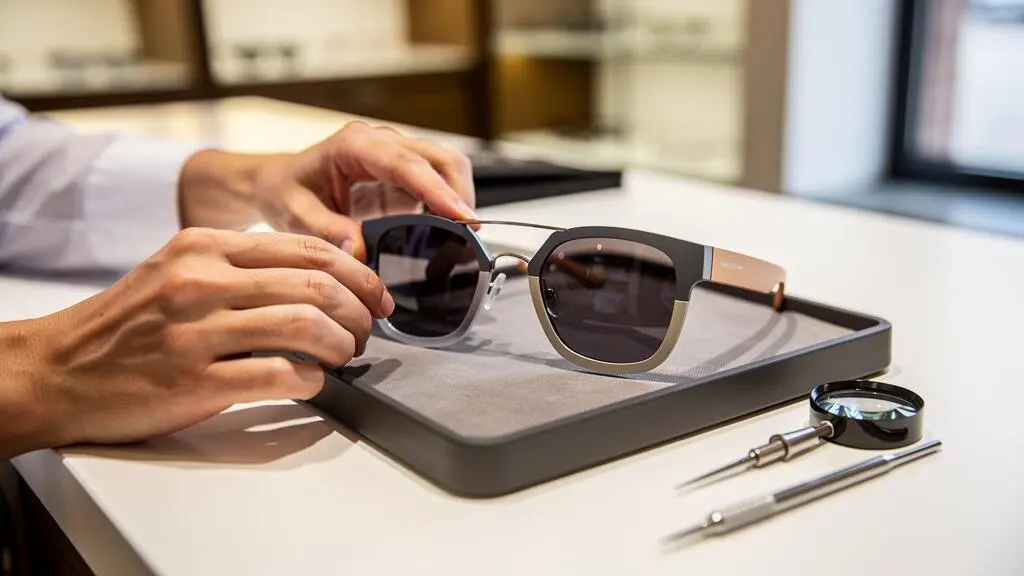 Un opticien compare deux montures de lunettes grises posées sur un présentoir