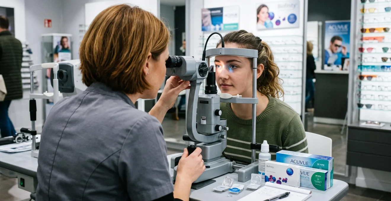 Un opticien examine l'œil d'une cliente à la lampe à fente.