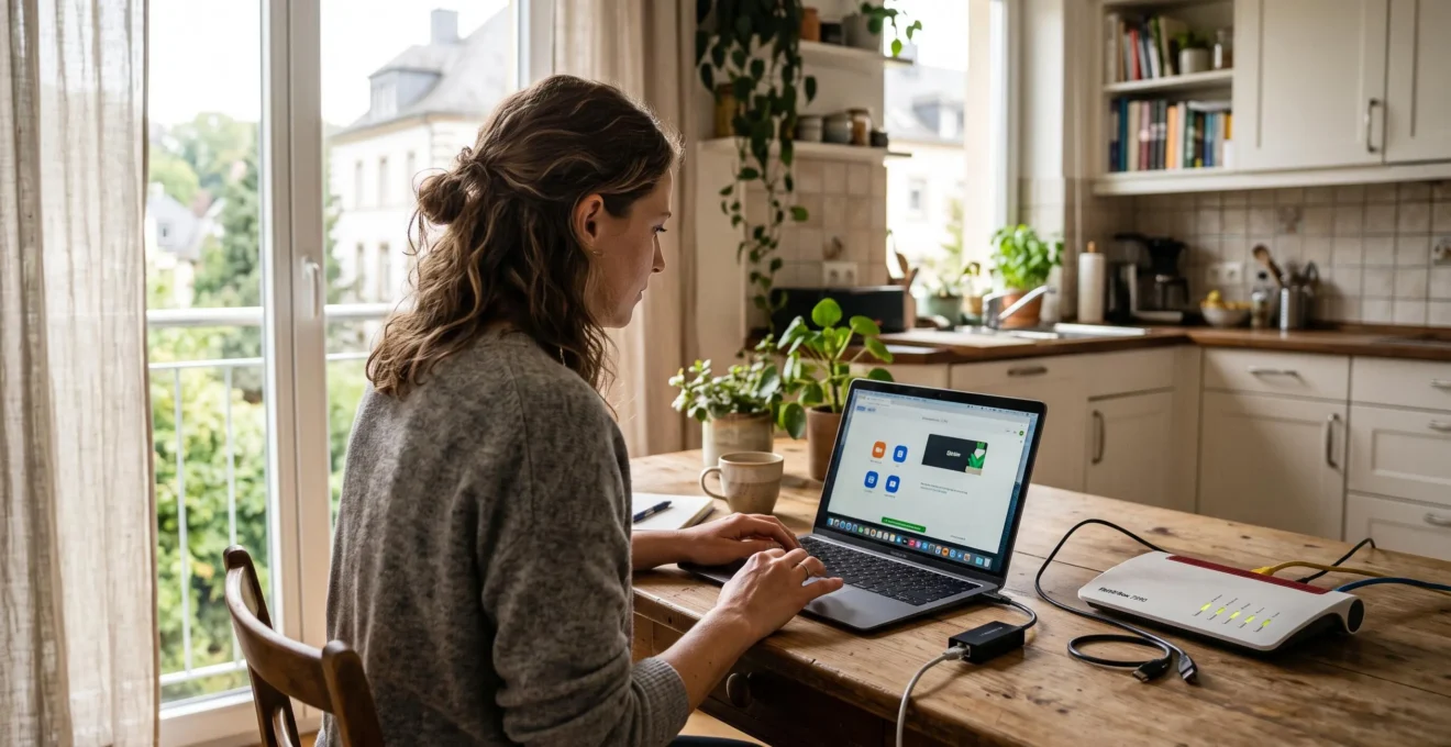Femme en télétravail utilisant un ordinateur portable connecté à une box Internet domestique.